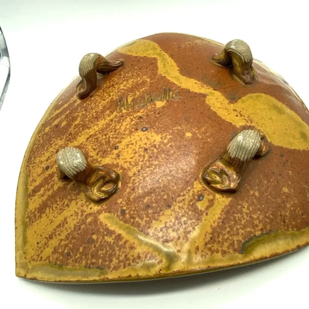 Vintage Butterfly signed Studio Pottery Gold‎ Burnt orange footed dish signed